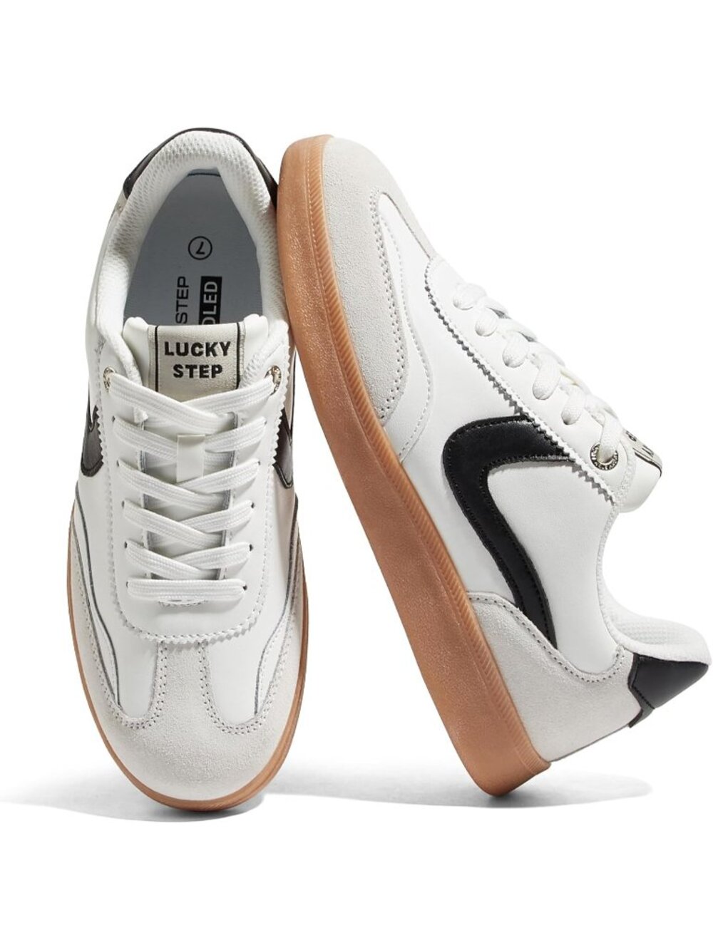 Women's White-Black Faux Leather Non Slip Round Toe Flat Heel Classic Sneaker